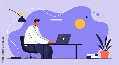 Man working on laptop at modern desk Remote work business technology and productivity concept
