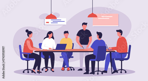 Diverse business team collaborates in an office meeting discussing ideas and strategy