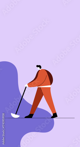 Minimalist illustration of a person walking with a longhandled scoop on a simple background