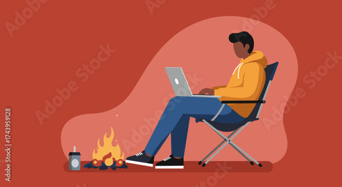 Man working remotely on laptop by campfire Digital nomad lifestyle travel and freedom concept