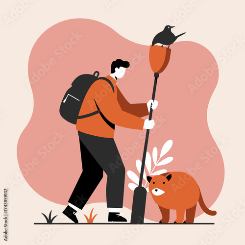 Hiker with backpack and staff accompanied by loyal animal friends on an outdoor adventure