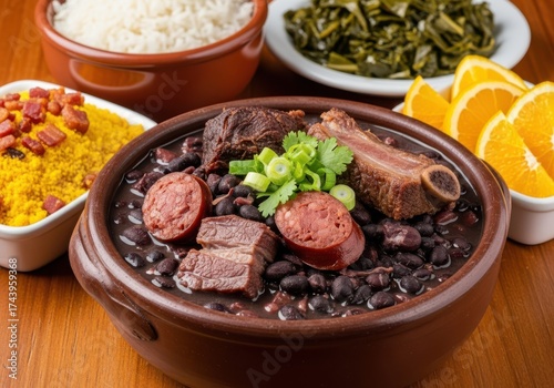 Feijoada, a traditional brazilian black bean stew with pork and beef, served with rice, farofa, collard greens, and orange slices