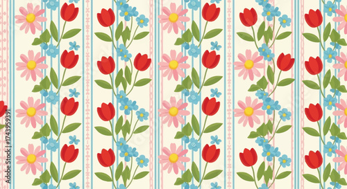 Seamless Pattern of Red Tulips and Pink Daisies with Blue Forget-Me-Nots on Striped Background