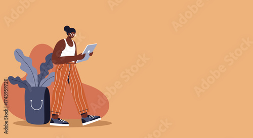 Woman uses tablet for work learning or communication Modern digital lifestyle with copy space