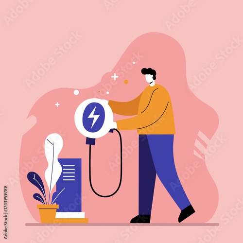 Man charging electric power Sustainable energy green technology ecofriendly lifestyle concept