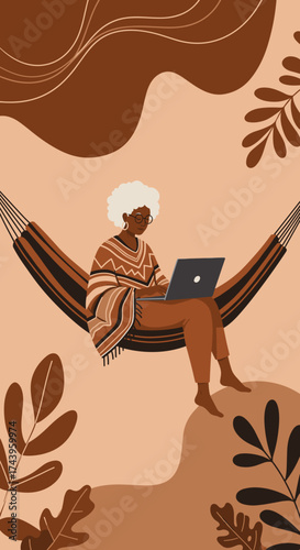 Senior woman working on laptop in a hammock representing remote work and leisure