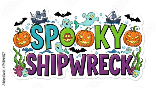 Spooky Shipwreck illustration: A vibrant and playful illustration captures the essence of Halloween with a spooky shipwreck theme. pumpkins, bats.