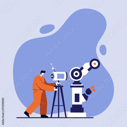 Engineer observes a robotic arm with a scientific instrument symbolizing industrial automation and innovation