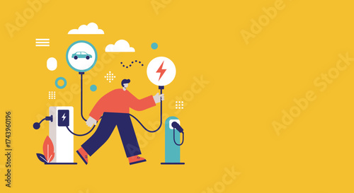 Person charging electric vehicle at station Sustainable energy ecofriendly transport concept