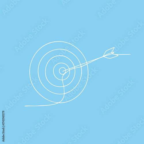 Minimalist line drawing of an arrow hitting the center of a on a light blue
