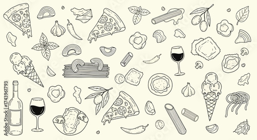 Italian Food Collection: Pizza, Pasta, Wine, Ice Cream, Olives, Garlic, and Spices