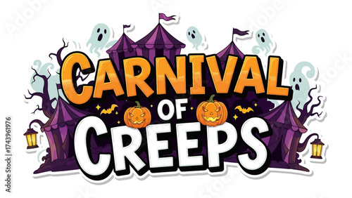 Carnival of Creeps: An exciting illustration featuring a spooky carnival theme with tents, pumpkins, and ghosts. perfect for Halloween designs.