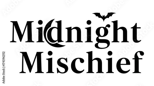 Midnight Mischief Typography: This image showcases the captivating text design of Midnight Mischief, embellished with a crescent moon and a bat.