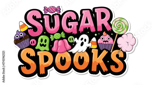 Sugar Spooks: A vibrant illustration of Sugar Spooks features a spooky collection of colorful candies and treats, perfect for Halloween, capturing the playful spirit of the holiday.