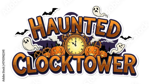 Haunted Clocktower: A spooky illustration for halloween featuring a haunted clocktower that captures the eerie essence of the holiday, with ghost and bats
