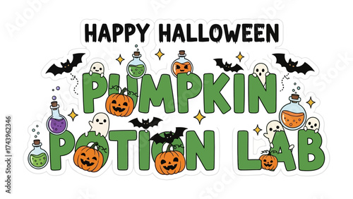 Spooky Halloween Fun: Playful illustration capturing the essence of Halloween, with a quirky Pumpkin Potion Lab theme, adorned with pumpkins, spooky ghost, bats, and potion.