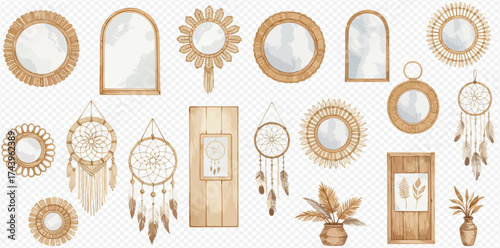 Aesthetic boho wall decor featuring mirrors, dream catchers, and framed botanical prints in neutral tones.