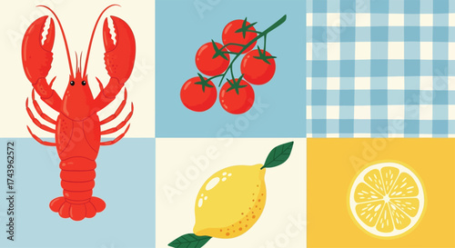 Fresh Lobster, Cherry Tomatoes, Lemon, and Gingham Pattern Grid Design