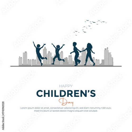Happy Childern's Day Post and Greeting Card. Modern Childern's Day Background with Text and kids playing Vector Illustration