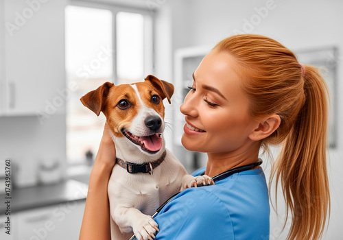 Veterinarian holding a happy jack russell terrier dog