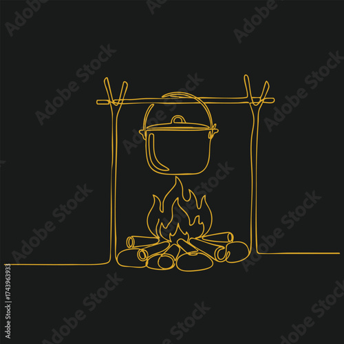 Minimalist line drawing of a cooking pot hanging over a campfire with logs, supported by a simple frame, on a dark