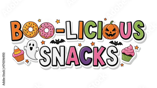 Boo-licious Snacks: A festive illustration of 'Boo-licious Snacks' features Halloween-themed treats like donuts, pumpkins, ghosts, cupcakes, and more, perfect for the spooky season.