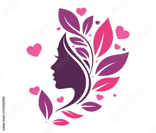 Romantic profile silhouette vector, decorative leaf heart design, emotional beauty concept, artistic floral head illustration, love harmony graphic art