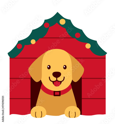 Cartoon dog in decorated Christmas dog house.
Dog in snowy doghouse flat stock vector illustration.
Transparent background. svg.