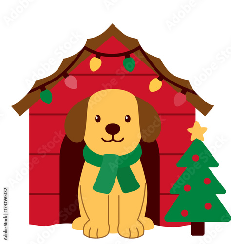 Cartoon dog in decorated Christmas dog house.
Dog in snowy doghouse flat stock vector illustration.
Transparent background. svg.