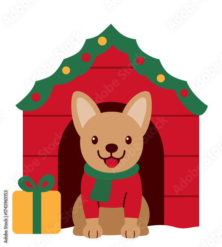 Cartoon dog in decorated Christmas dog house.
Dog in snowy doghouse flat stock vector illustration.
Transparent background. svg.
