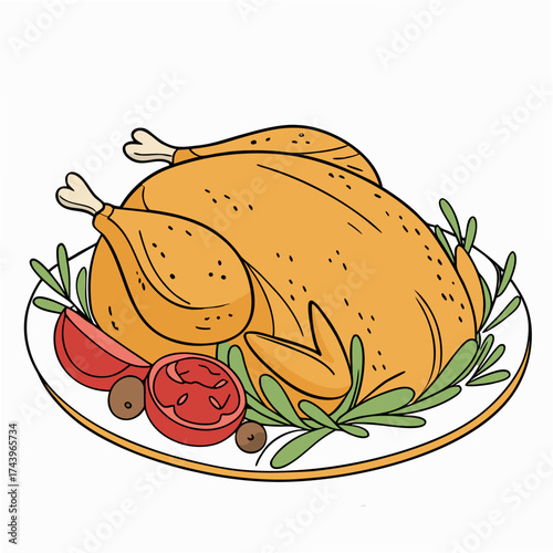 Roasted or baked turkey on a platter. Food for Thanksgiven day. Illustration isolated on white background