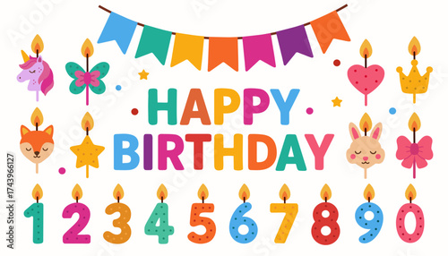 Cute Happy Birthday set with candles. Kids party