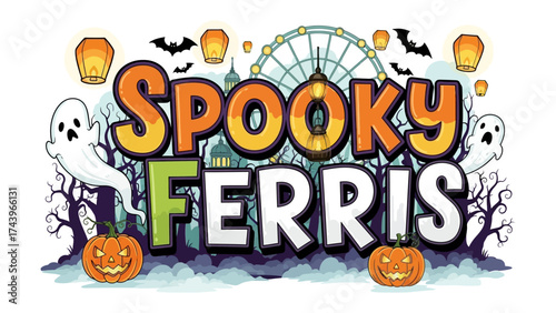 Spooky Ferris: A festive Halloween graphic featuring a Ferris wheel. Surrounded by ghosts, lanterns, pumpkins and other spooky decor, setting a whimsical and spooky atmosphere. 