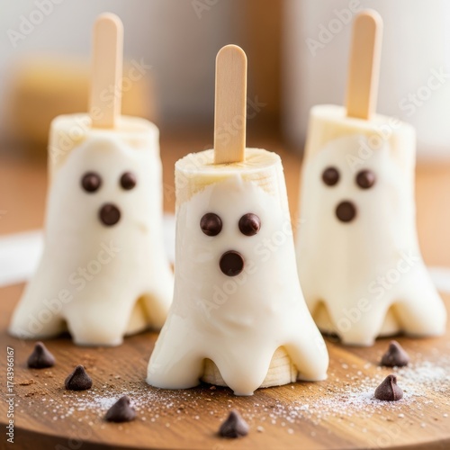 Three cute ghostshaped frozen banana popsicles dipped in white chocolate with chocolate chip eyes, a spooky and healthy halloween treat