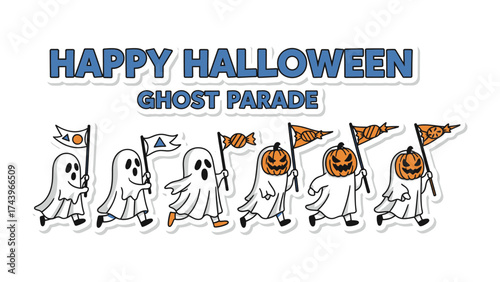 Ghost Parade: A spirited Halloween parade of ghosts and jack-o'-lanterns march cheerfully, spreading festive vibes.