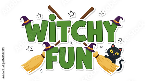 Witchy Fun: An engaging design spells out Witchy Fun, combining playful typography with witch elements for a fun and whimsical feel, perfect for Halloween themes.
