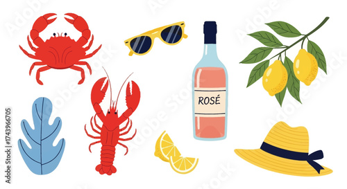 Summer Beach Vacation Essentials: Crab, Lobster, Rosé Wine, Lemons, Sunglasses, and Hat