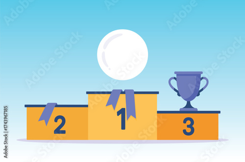 Winners podium with ribbons and trophy vector, competition ranking design, first second third place blocks, award celebration graphic, stock asset