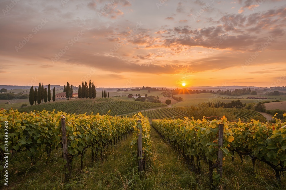 Fototapeta premium Sunset over vineyard rows in a rural landscape with a cloudy sky