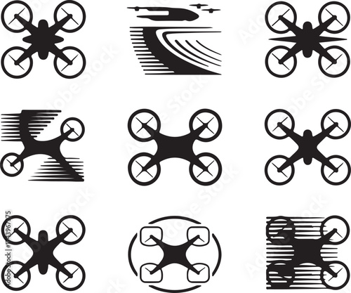 Drone Silhouette Set Aerial Quadcopter Surveillance Transportation Icon Collection