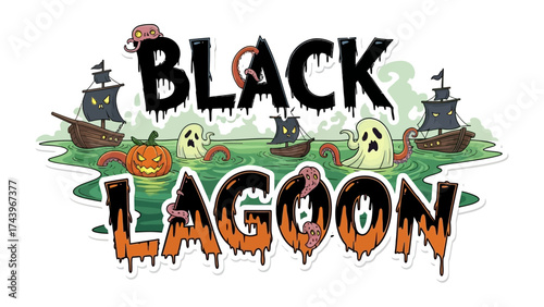 Black Lagoon's Eerie Scene: An illustration depicts a whimsical scene featuring Black Lagoon with ghostly figures and eerie elements. It evokes a sense of Halloween's spookiness.