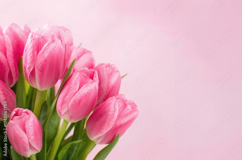 Fototapeta premium Floral arrangement featuring pink tulips with a soft, blurred backdrop and space for personalized text. Perfect for romantic or maternal celebrations.