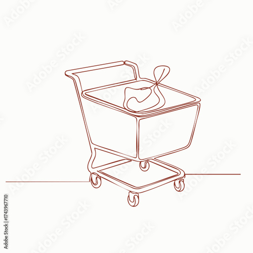 Single shopping cart with a wrapped gift box inside, set against a plain , emphasizing retail or shopping themes
