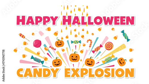 Halloween Candy Explosion: A vibrant illustration captures the essence of Halloween with a burst of colorful candies, pumpkins, and celebratory spirit.