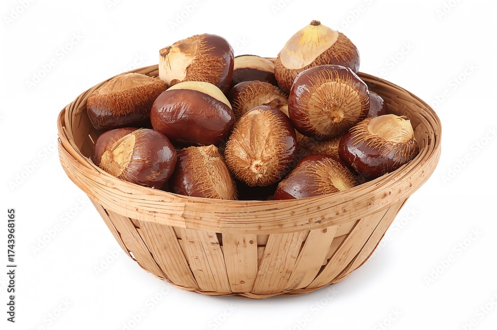 Obraz premium Chestnuts gathered in a wooden container against a plain white backdrop