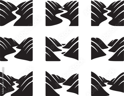 Mountain River Icons Collection Stream Valley Landscape Style Flat Black and White