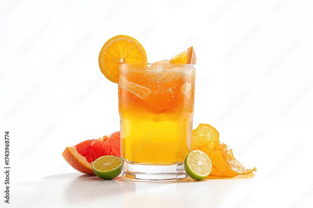 Fototapeta premium Single glass of blended citrus juice with orange, grapefruit, and lime slices on a white backdrop