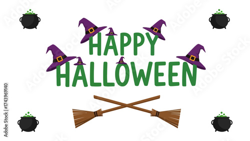 Happy Halloween wishes: A festive Halloween illustration with whimsical witch hats, bubbling cauldrons, and crossed broomsticks.