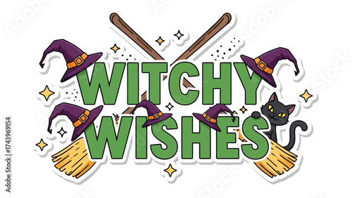 Whimsical Witchy Wishes: A spellbinding Halloween design conjures playful charm, featuring iconic elements for enchanting greetings and festive celebrations.