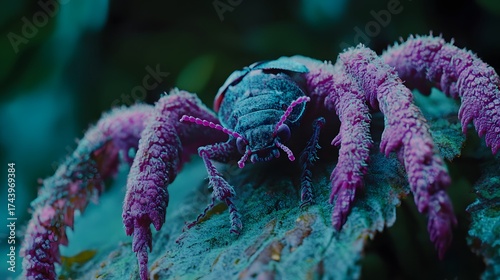 alien insect with purple tentacles crawling on leaf macro shot